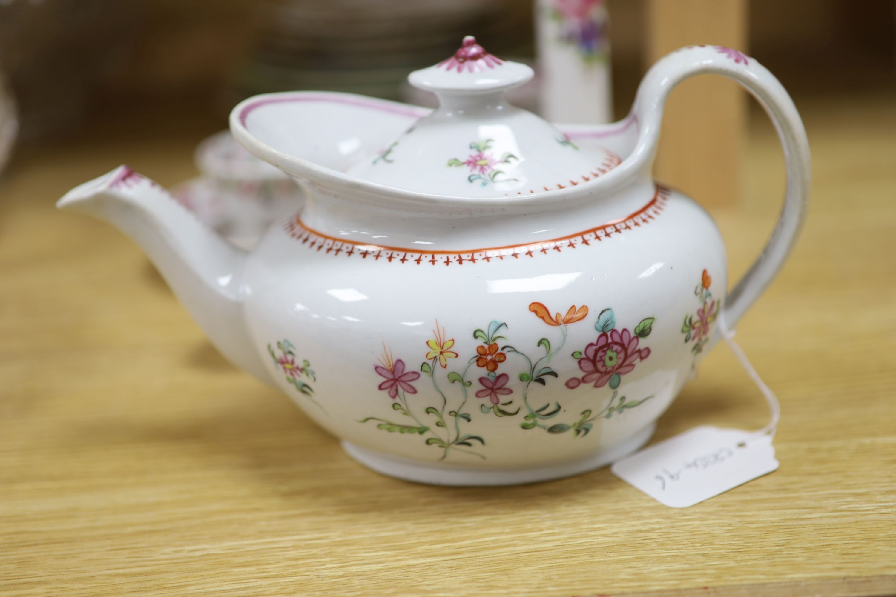 An early 19th century Newhall pattern 594 teapot, two pairs of Newhall tea bowls and saucers and mixed ceramics